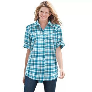 Woman Within Plus Size 1XL 22-24 Short-Sleeve Button Down Seersucker Shirt